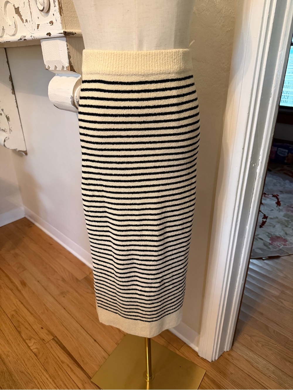 Cream and Black Striped Knit Midi Skirt - Classic Women's Skirt - Picture 3 of 7